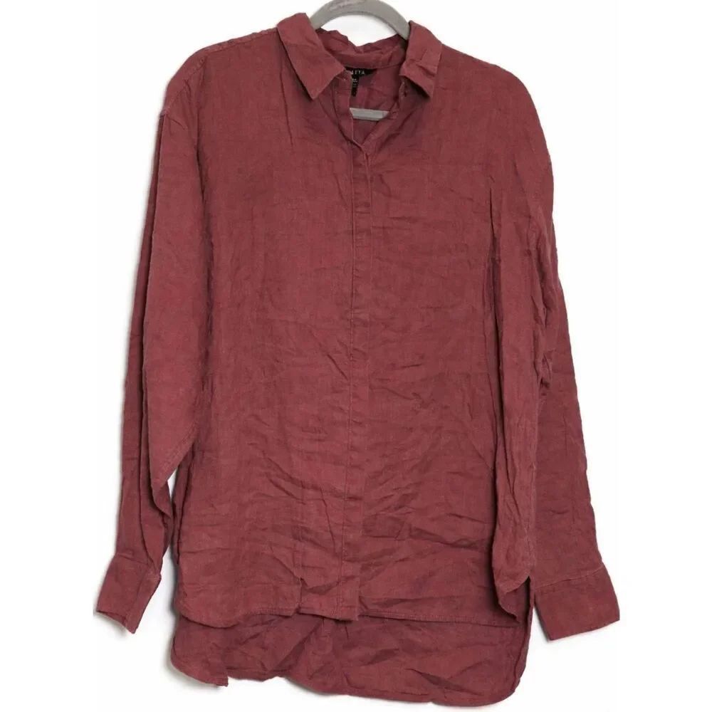 Athleta womens large 100% linen shirt blouse maroon blush collard longsleeve